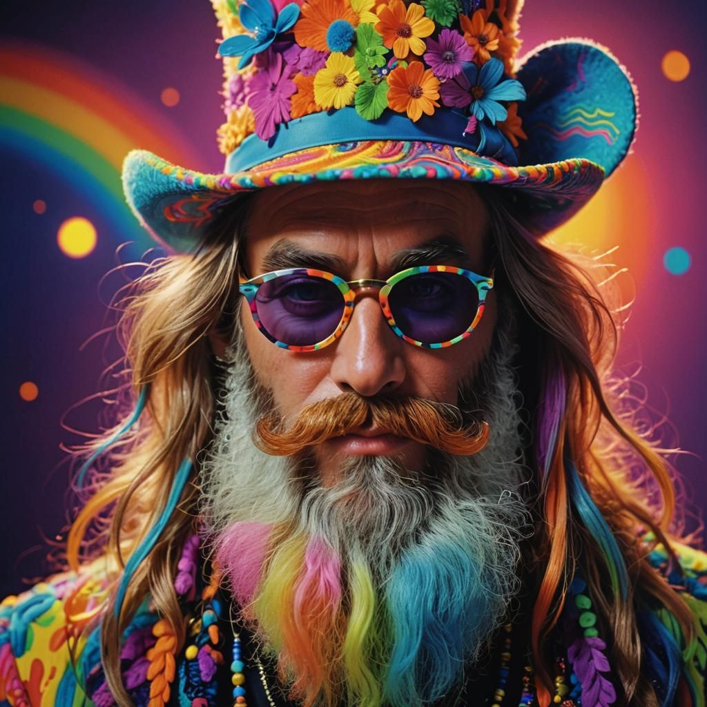 Psychedelic 60s Portrait with Rainbow Beard