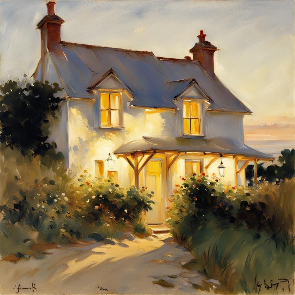 A coastal cottage at dusk