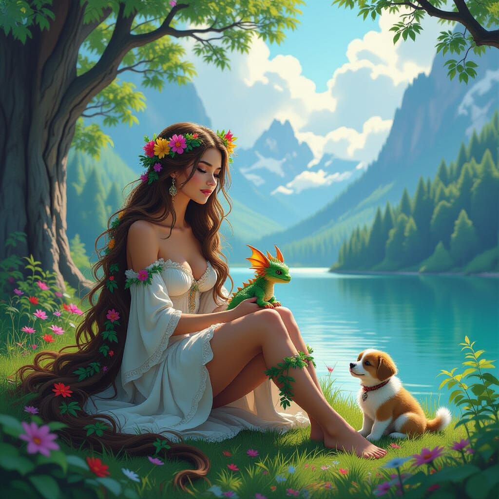 Mother Nature with Dragon and Puppy