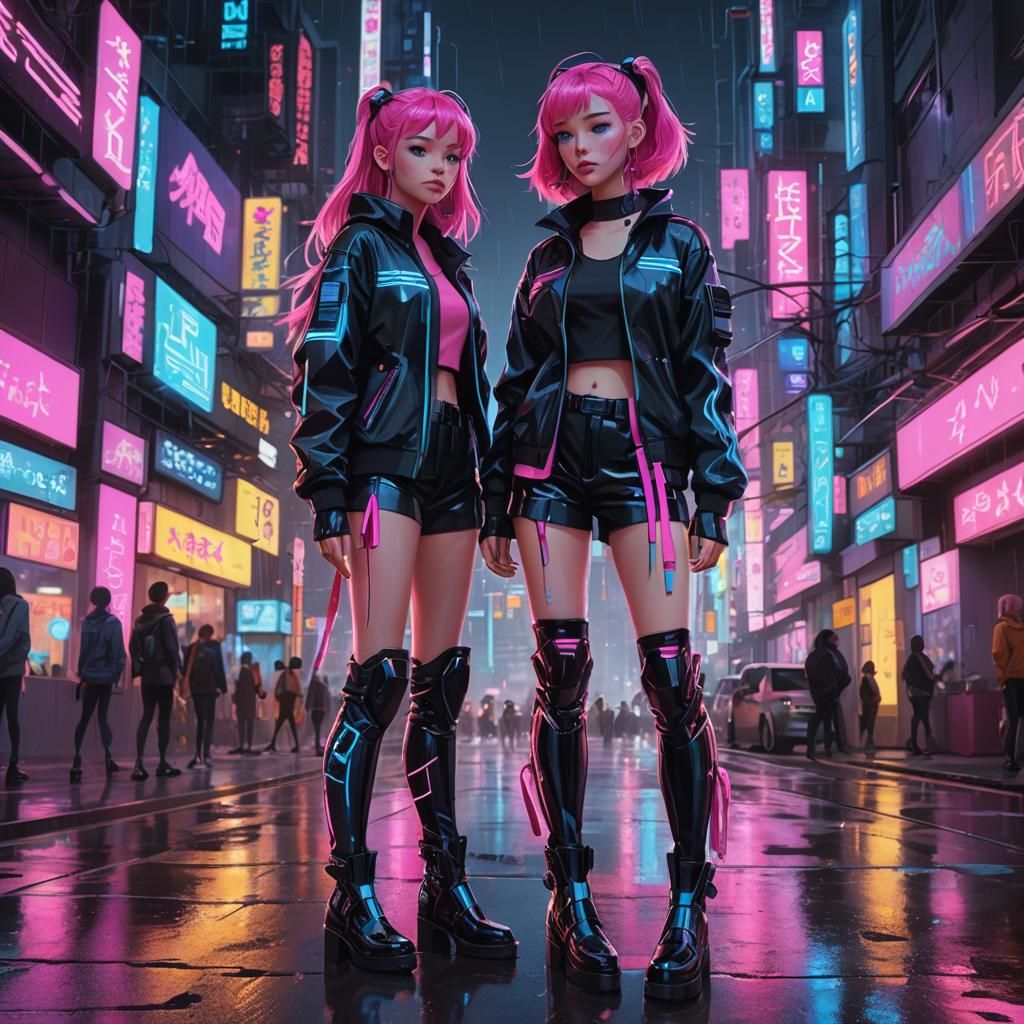 Anime Girl in Neon Cityscape, Cyberpunk Style