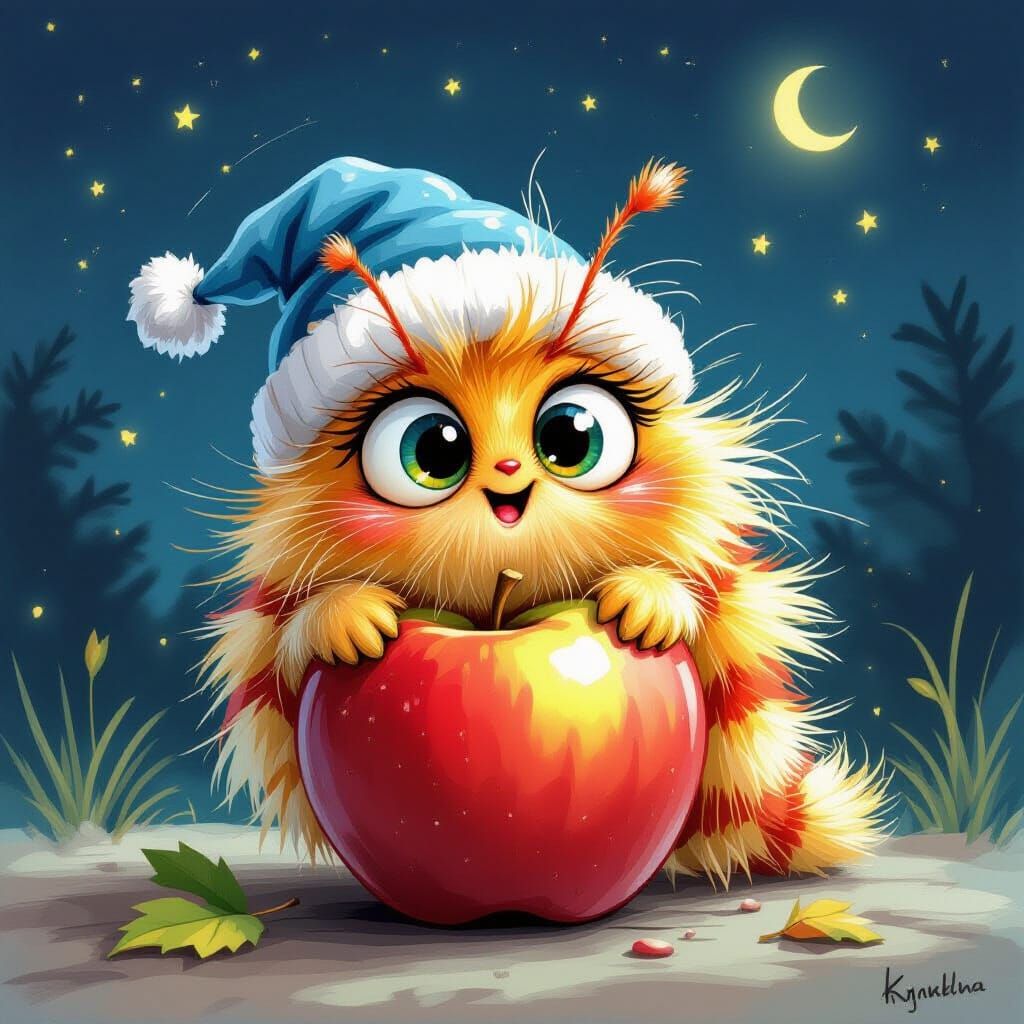 Excited Caterpillar in Apple, Colored Pencil Drawing