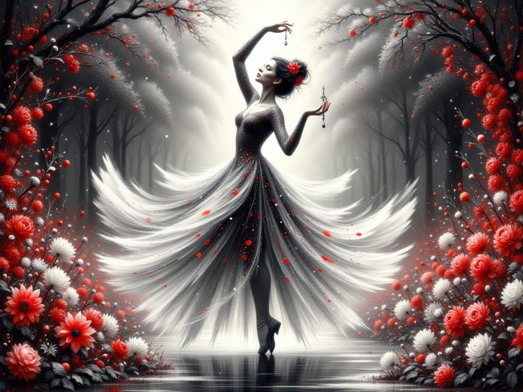 Ballet Dancer in Flowing Lace Dress, Surreal Garden