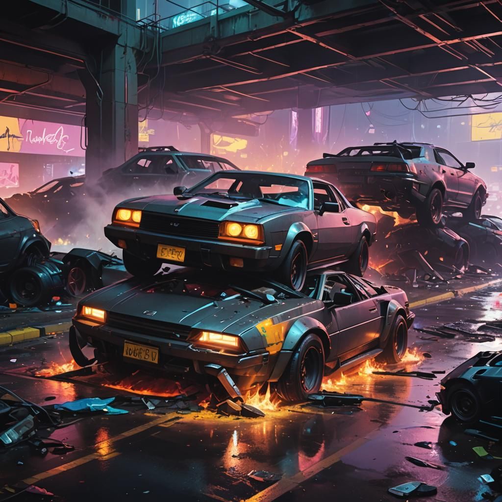 Cyberpunk Car Crash in Neon-Drenched Oil Painting Style