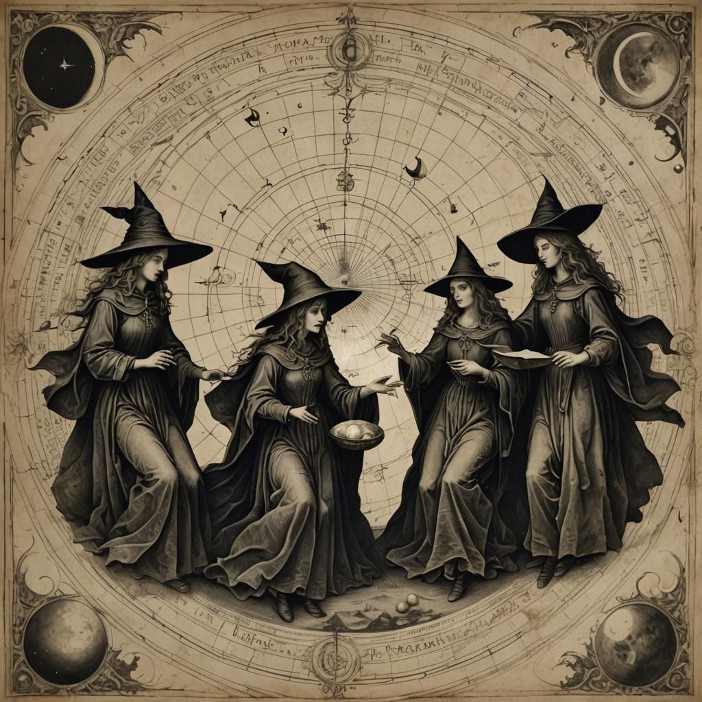 Witches Celebrate Moon Phases in Vintage Illustration