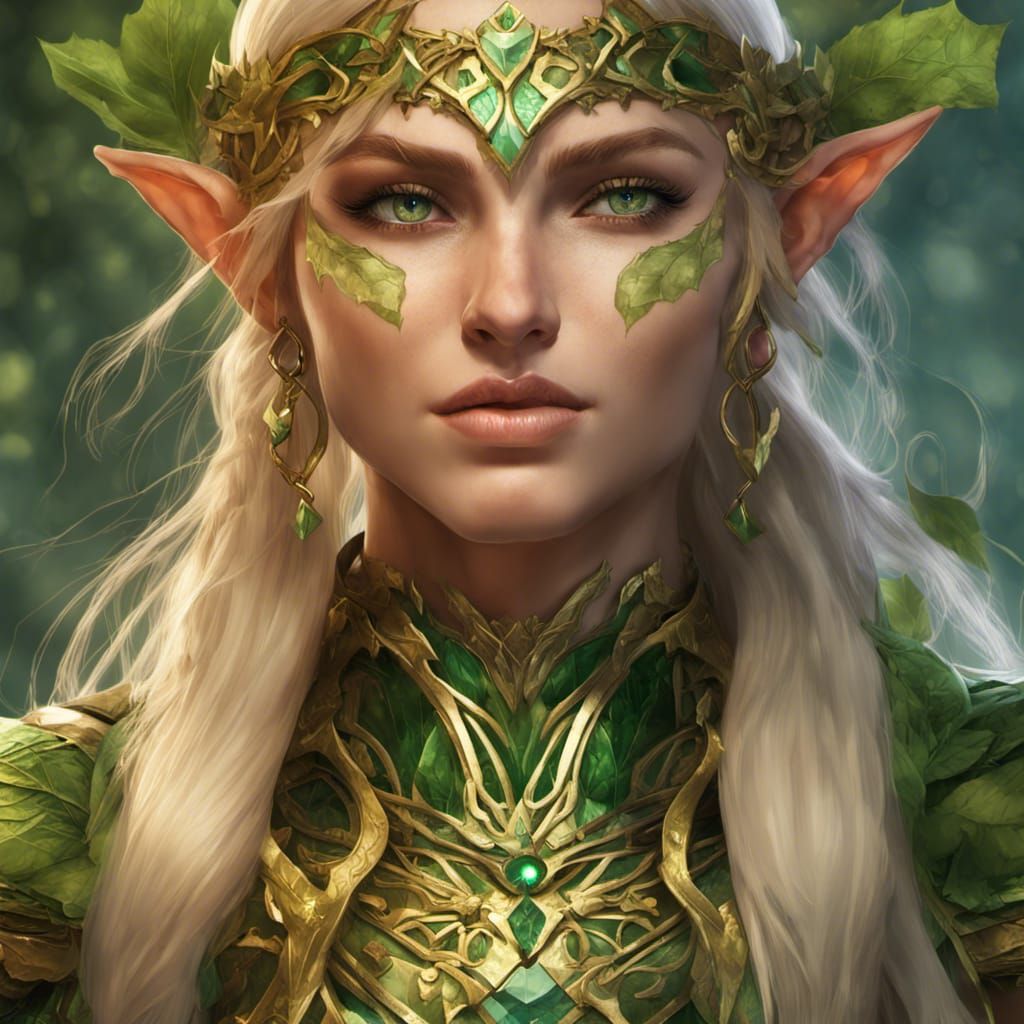 Elven Warrior Princess in Gold and Green Armor