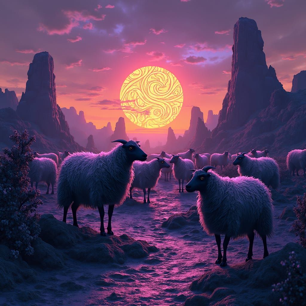 Zombie Sheep Flock in Gothic Art Nouveau Landscape