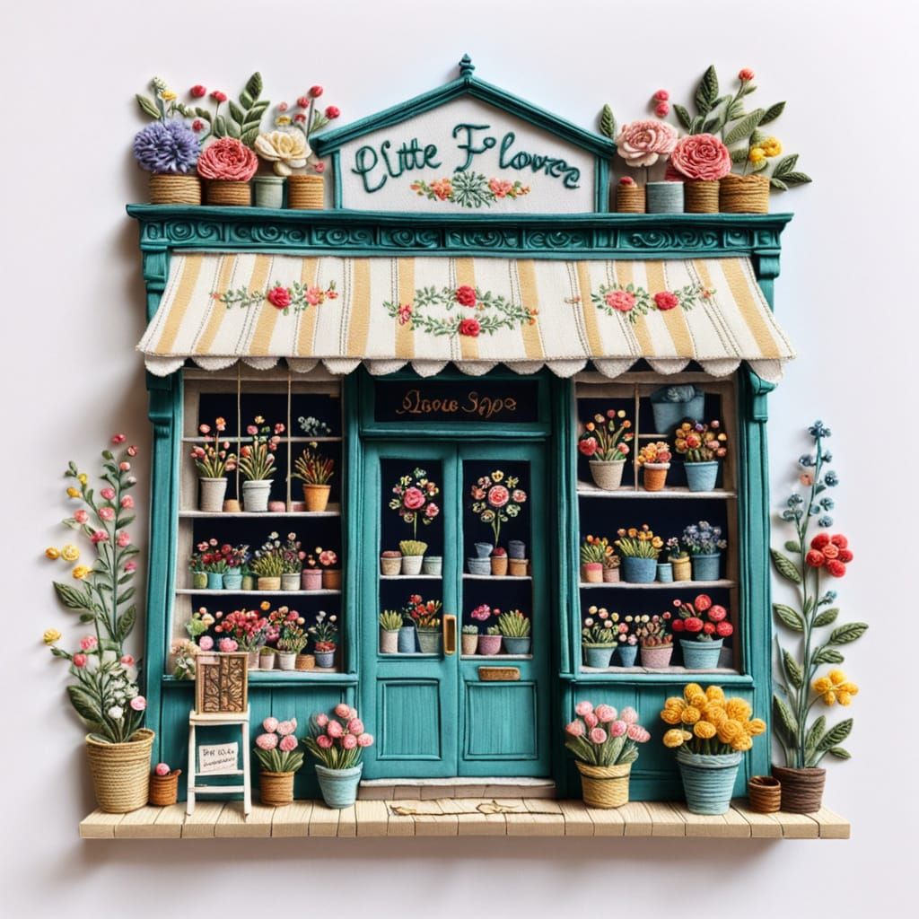 Embroidered Vintage Flower Shop: Hyperdetailed Art