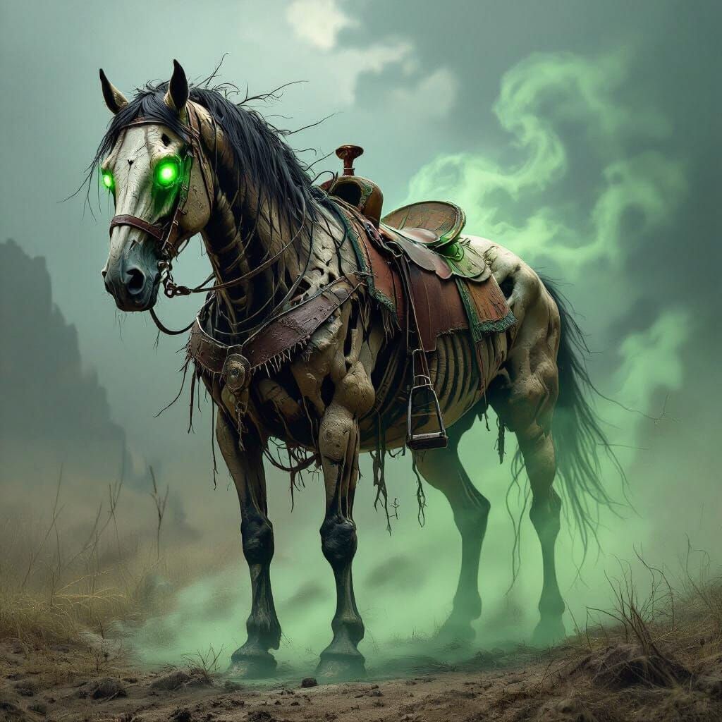 Undead Warhorse with Glowing Eyes and Green Mist