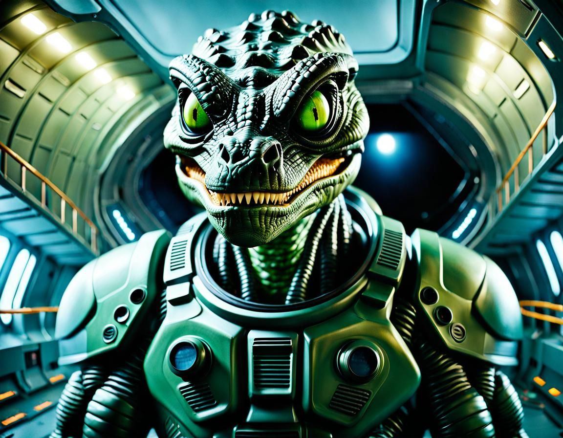 Terrifying Reptilian Alien Officer in Starship Interior