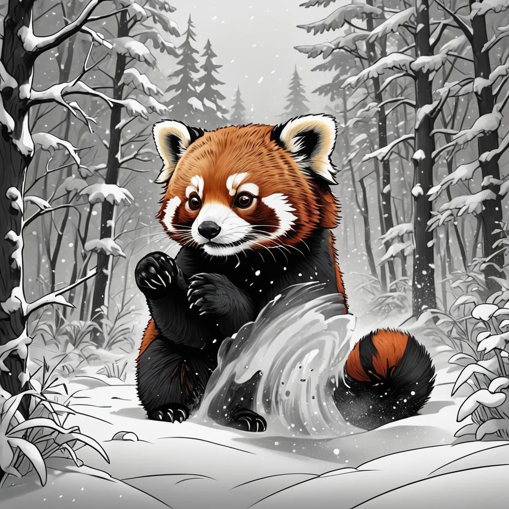 Red Panda Playing: Black and White Coloring Book Art