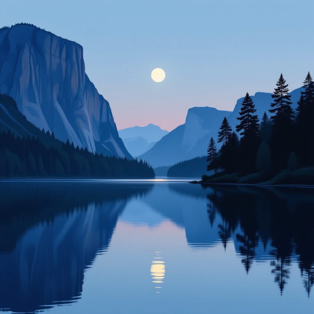 Rugged Cliff by Glassy Lake at Twilight