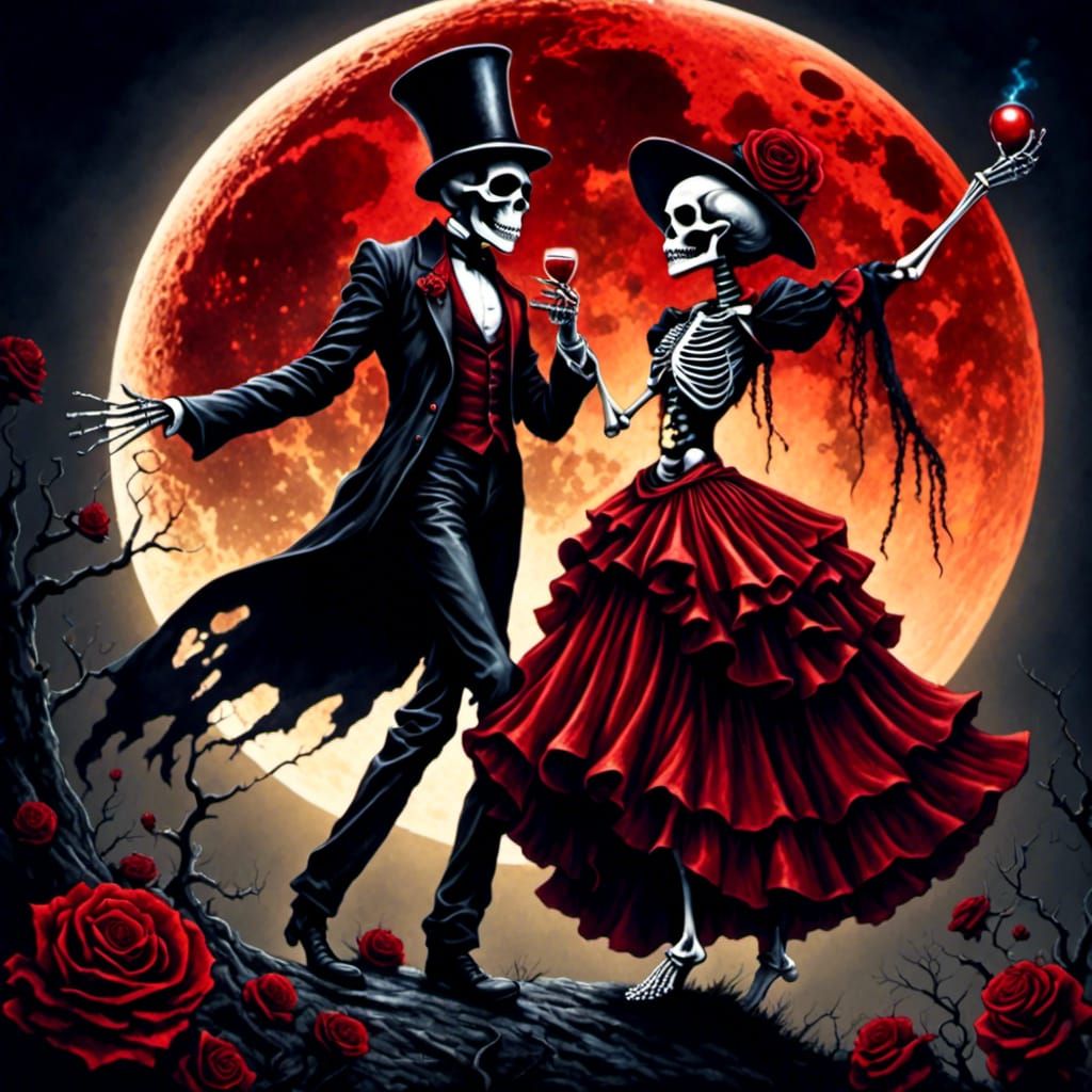 Skeletons Dancing Under a Blood-Red Moon in Gothic Art