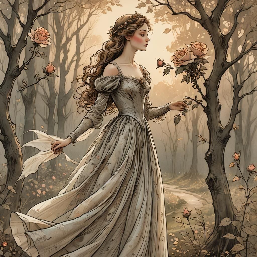 Princess and Rose in Whimsical Illustration Style