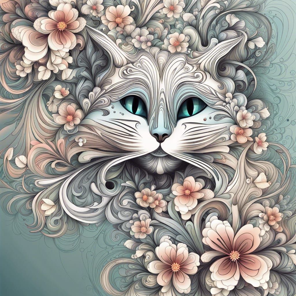 Abstract Fractal Cat Made of Flowers in Vector Style