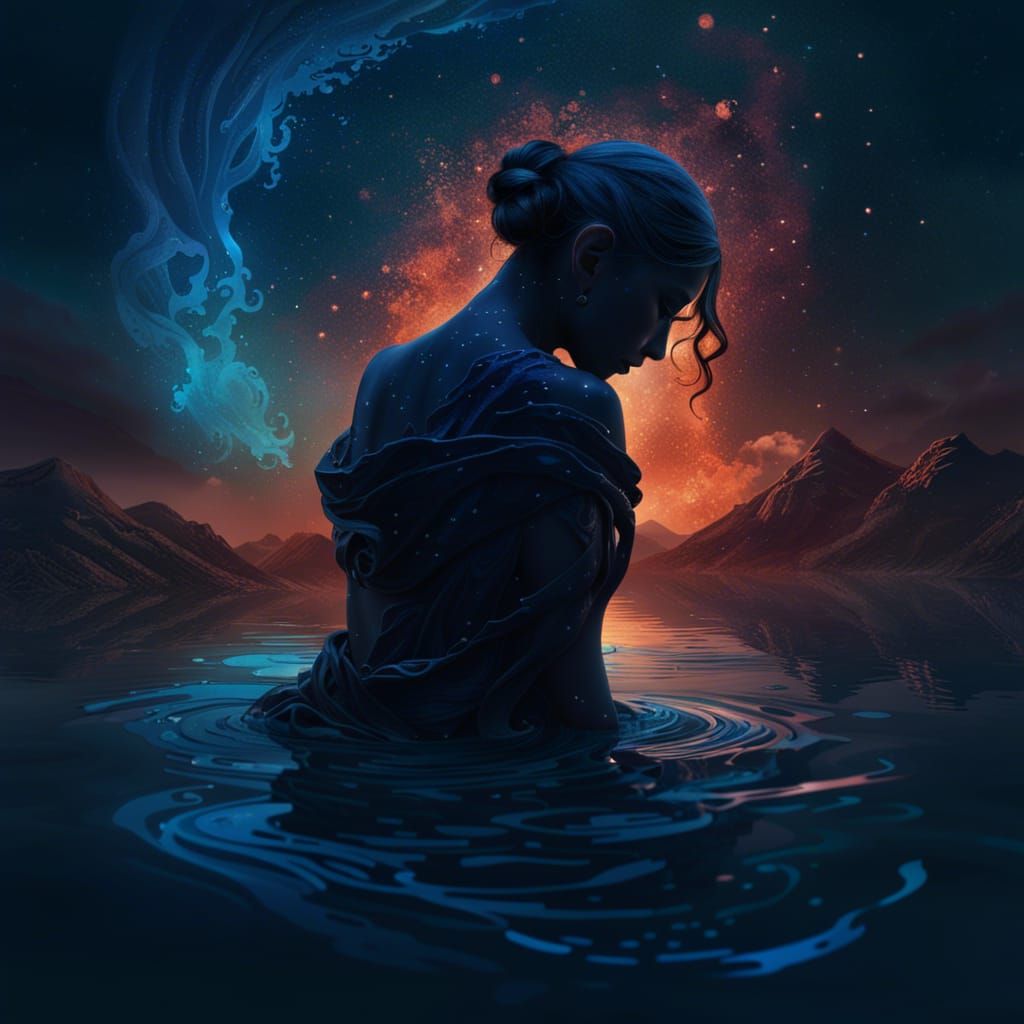 Woman's Silhouette Between Water and Night Sky