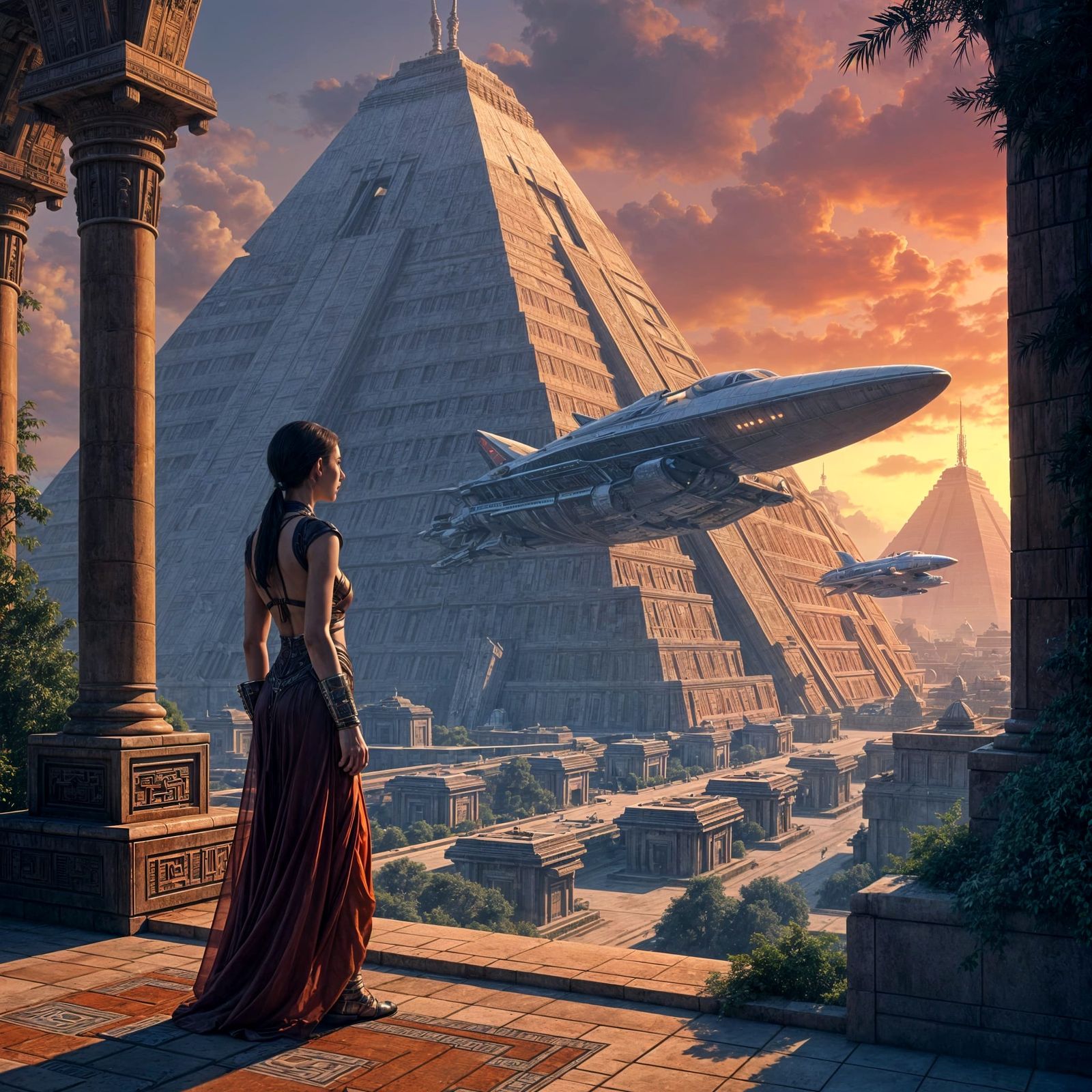 Art Deco Mayan Cityscape with Chrome Starships