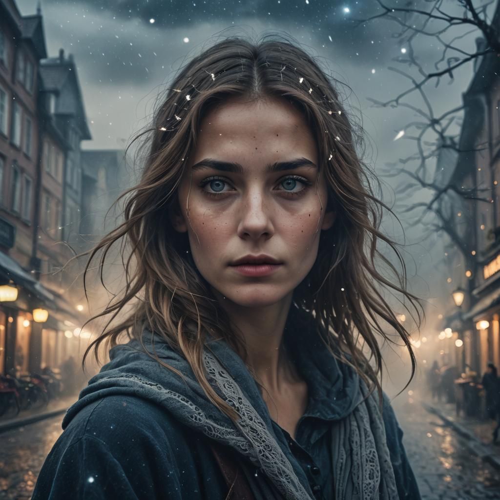 Mystical Fog Engulfs Woman in Starry Night