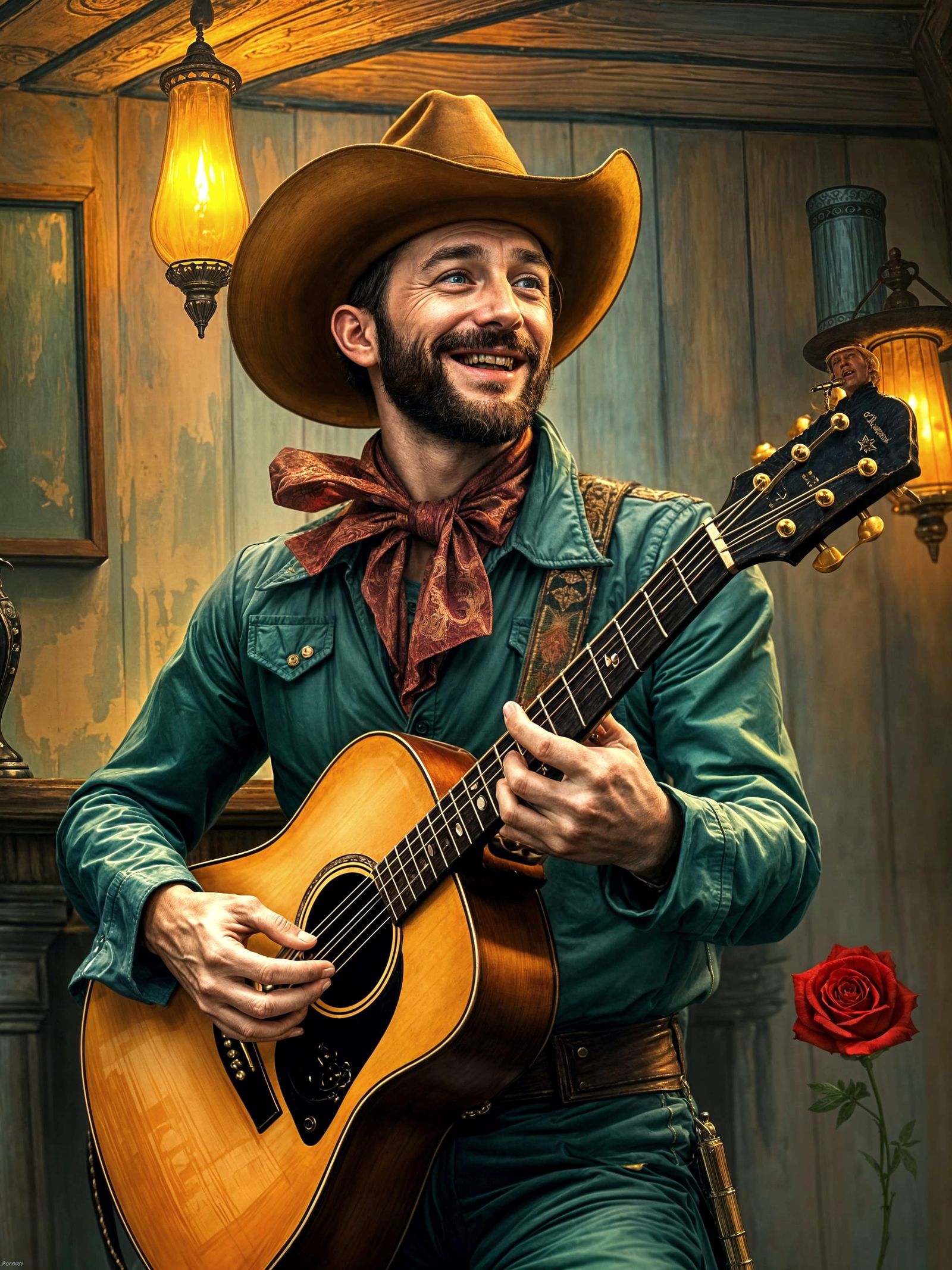 Cowboy Serenade in a Wild West Saloon, Art Brut Style