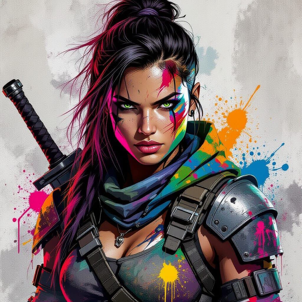 Fierce Female Warrior in Graffiti Art Style