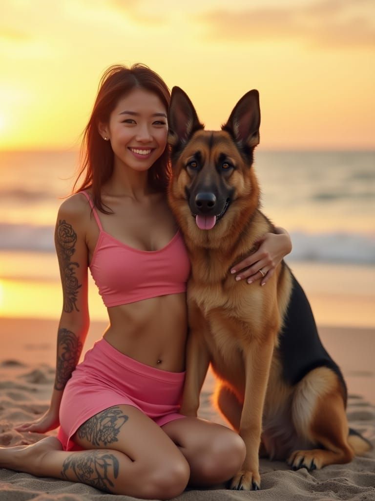 Sunset Beach Scene: Woman and Dog in Harmony