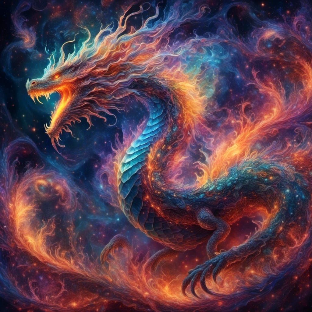 Majestic Polychromatic Dragon Breathing Fire in Mist