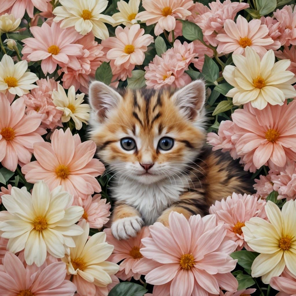 Kitten Cuddled in Flower Bed Illustration