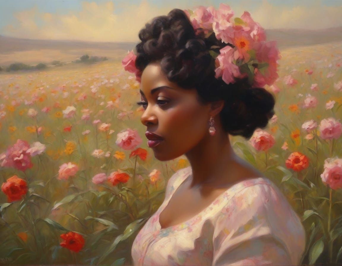 African American Woman in Flower Field as Oil Painting
