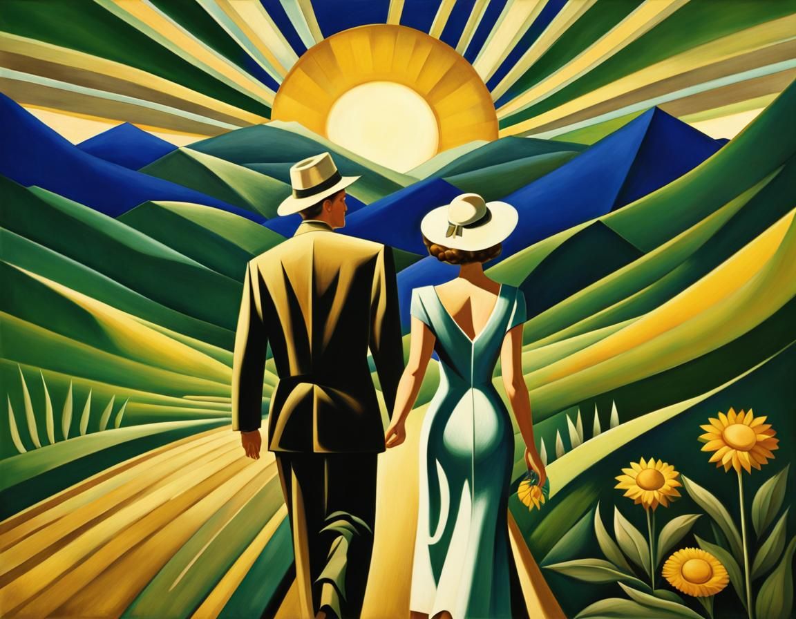 Couple's Walk in Art Deco Style Landscape