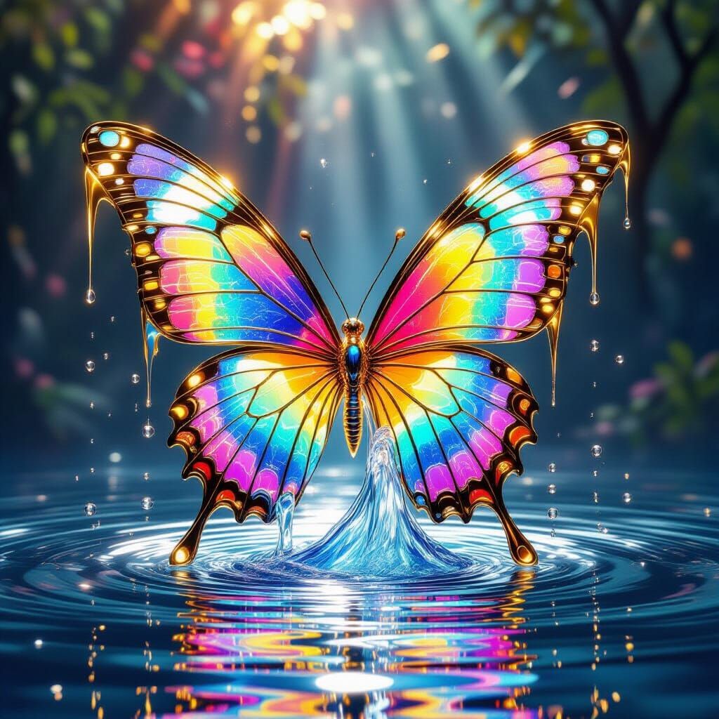Iridescent Water Butterfly Sculpture in Liquid Gold