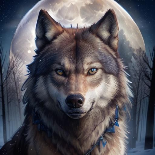 Detailed Timber Wolf Portrait Under Full Moon