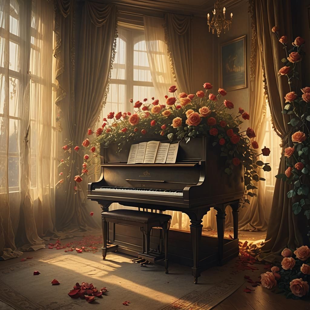 Roses on Piano in Lavish Room, Beksiński Style