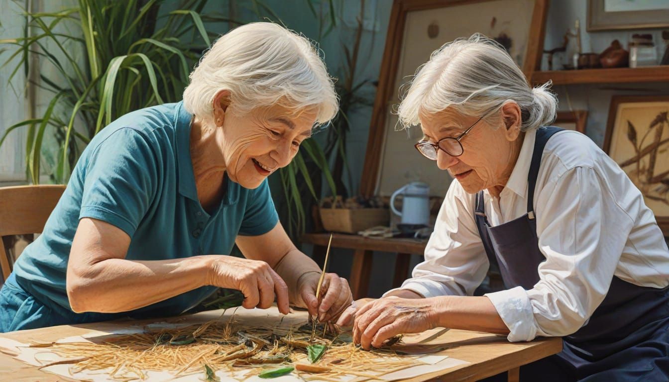 Grandmother Guides Young Boy in Straw Cricket Craft, an Impr...