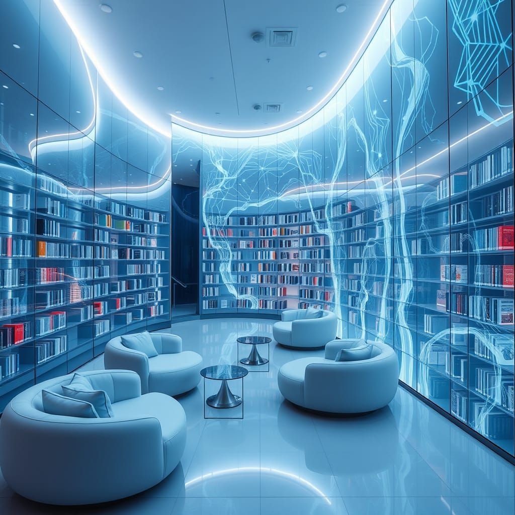 Futuristic Library with Interactive Neon-Lit Screens and Plu...