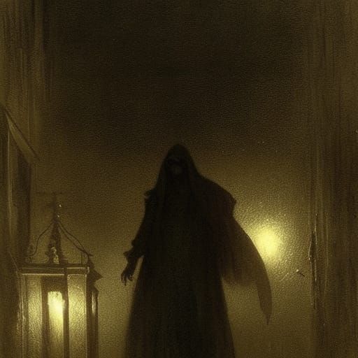 Rainy Night Horror: Shadow Figure in Engraving Style