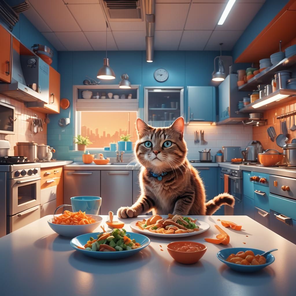 Cat Lunch in Futuristic Kitchen, Pixar-Inspired 3D Art