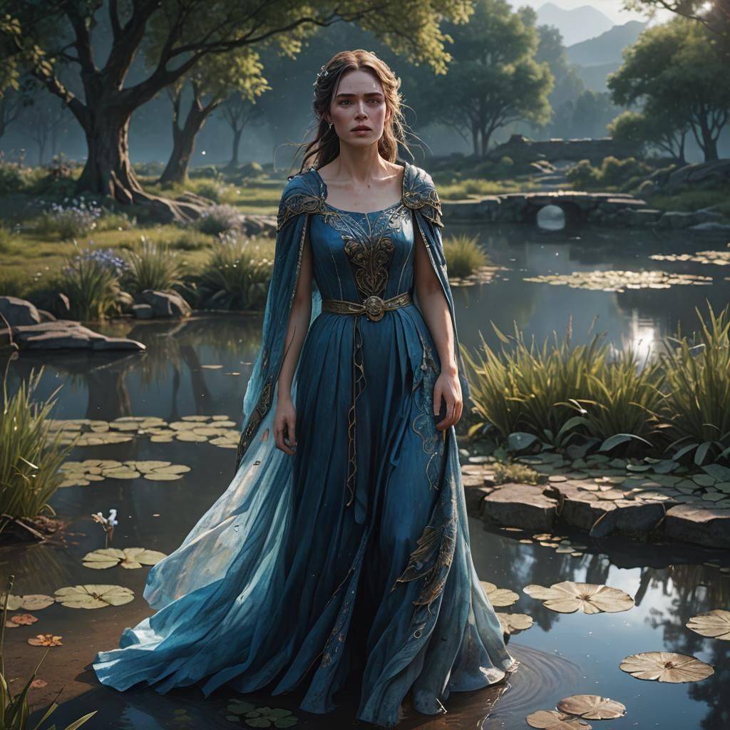 Sad Woman Crying by Pond in Detailed Matte Painting