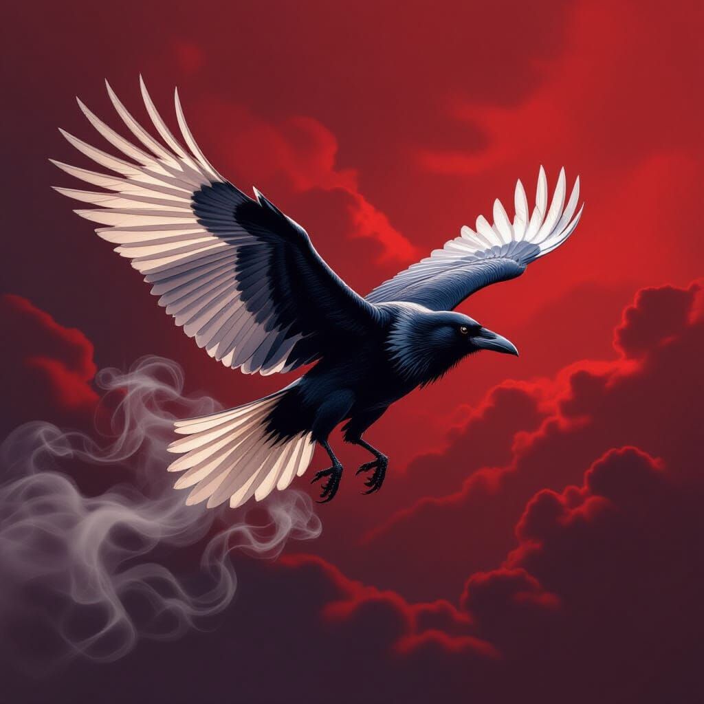Skeletal Raven Soaring Through Blood-Red Sky