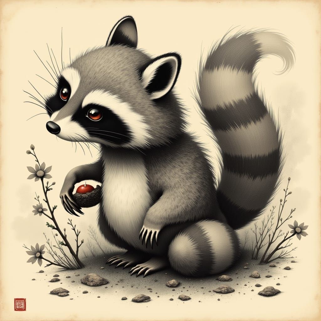 Surreal Shadow Raccoon in Japanese Ink Brush Style