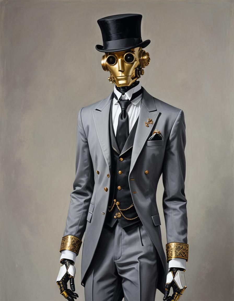 Robot Butler Portrait in Grand Hall, Detailed Matte Painting