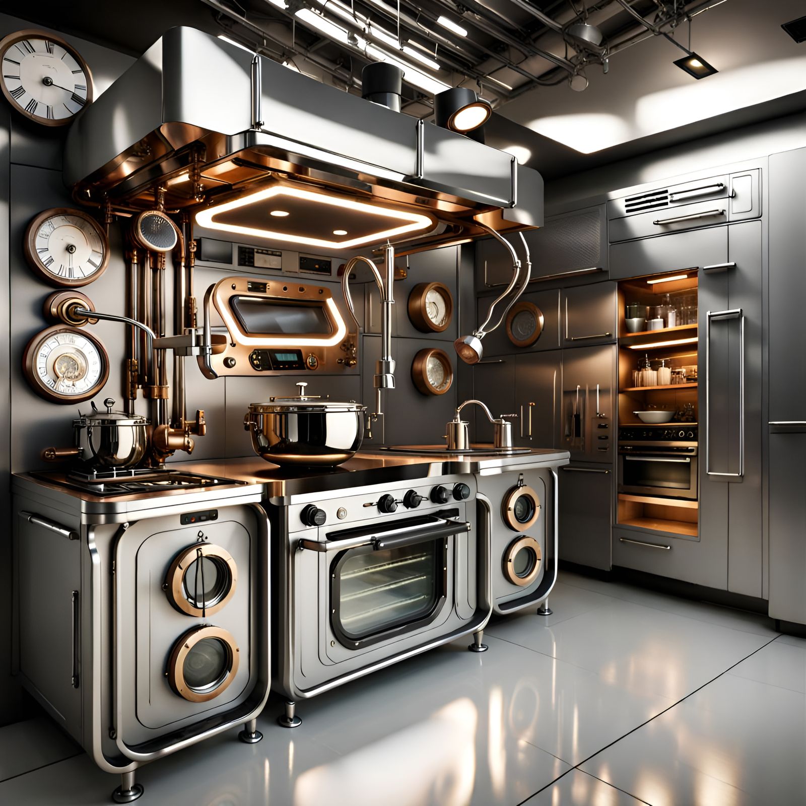 Steampunk Induction Kitchen in Futuristic Precisionism