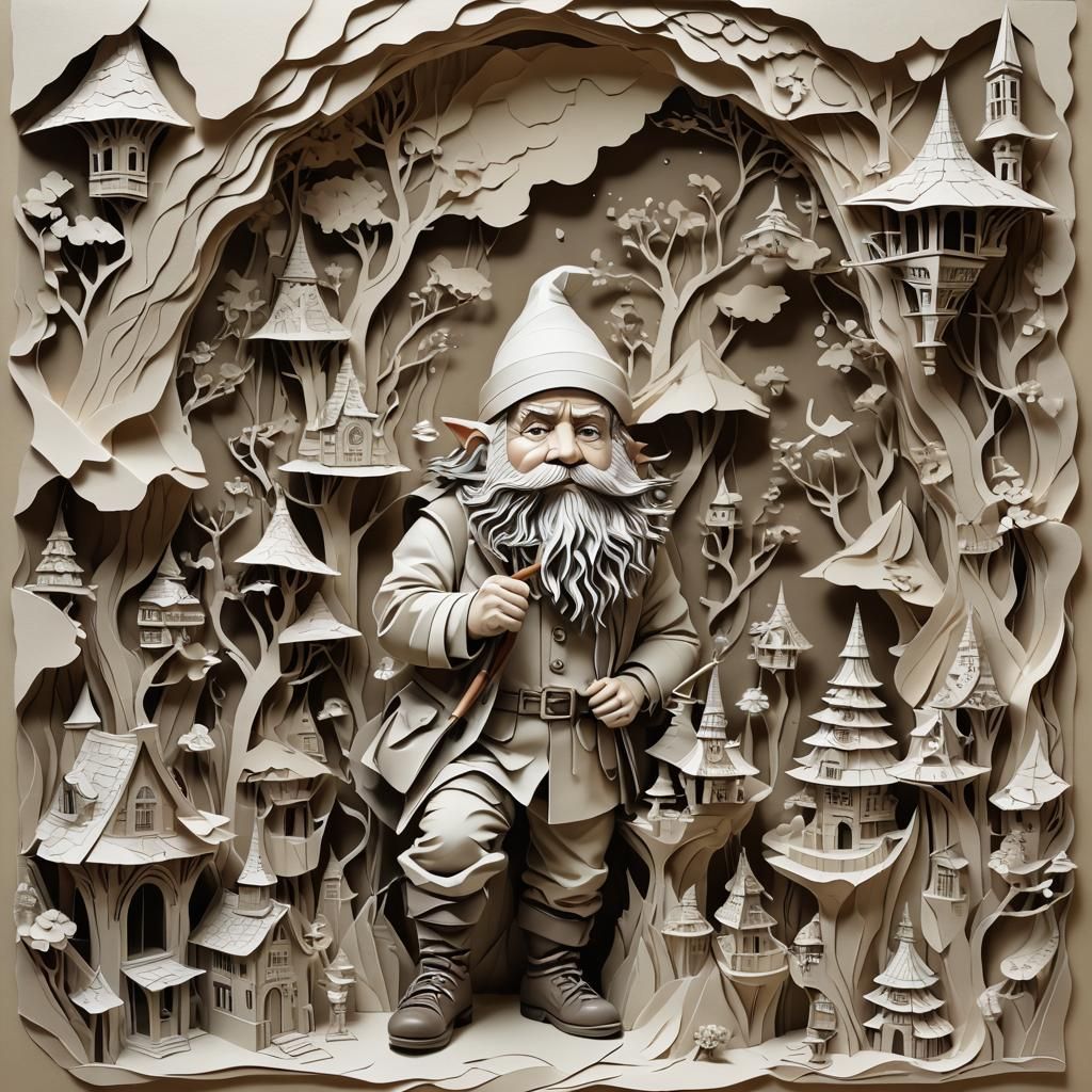 Surreal Paper Art Illustration of a Dwarf