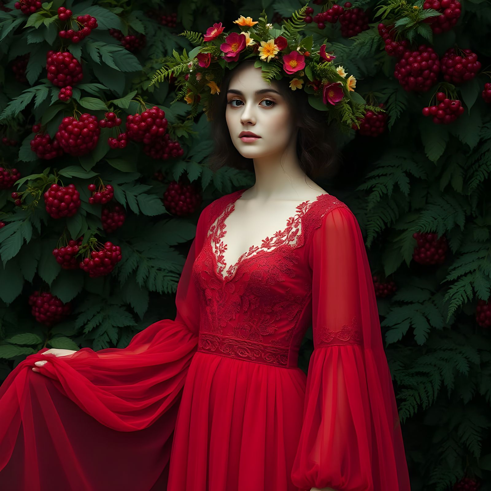 Woman in Red Dress with Floral Headpiece