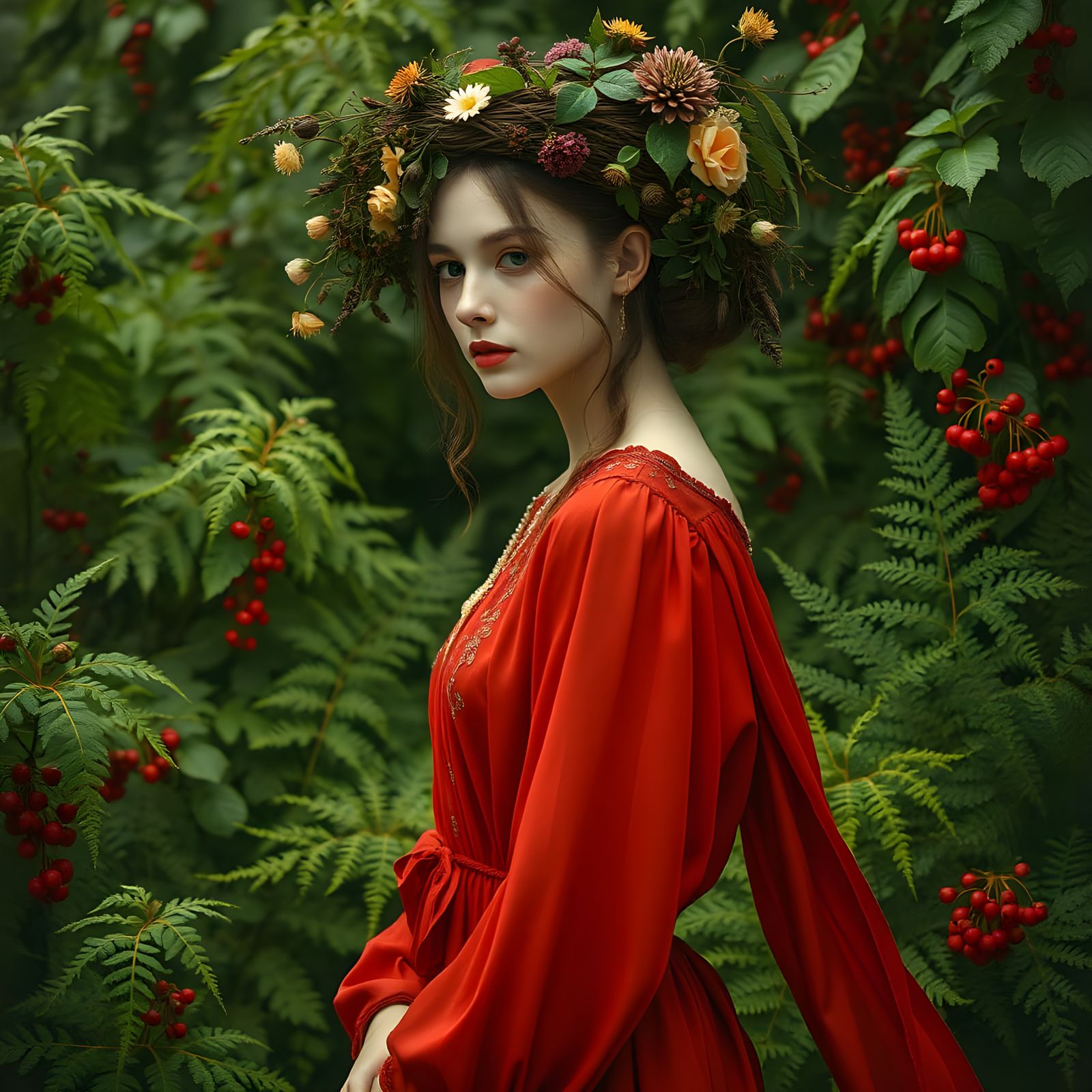 Woman with Floral Headpiece and Red Dress