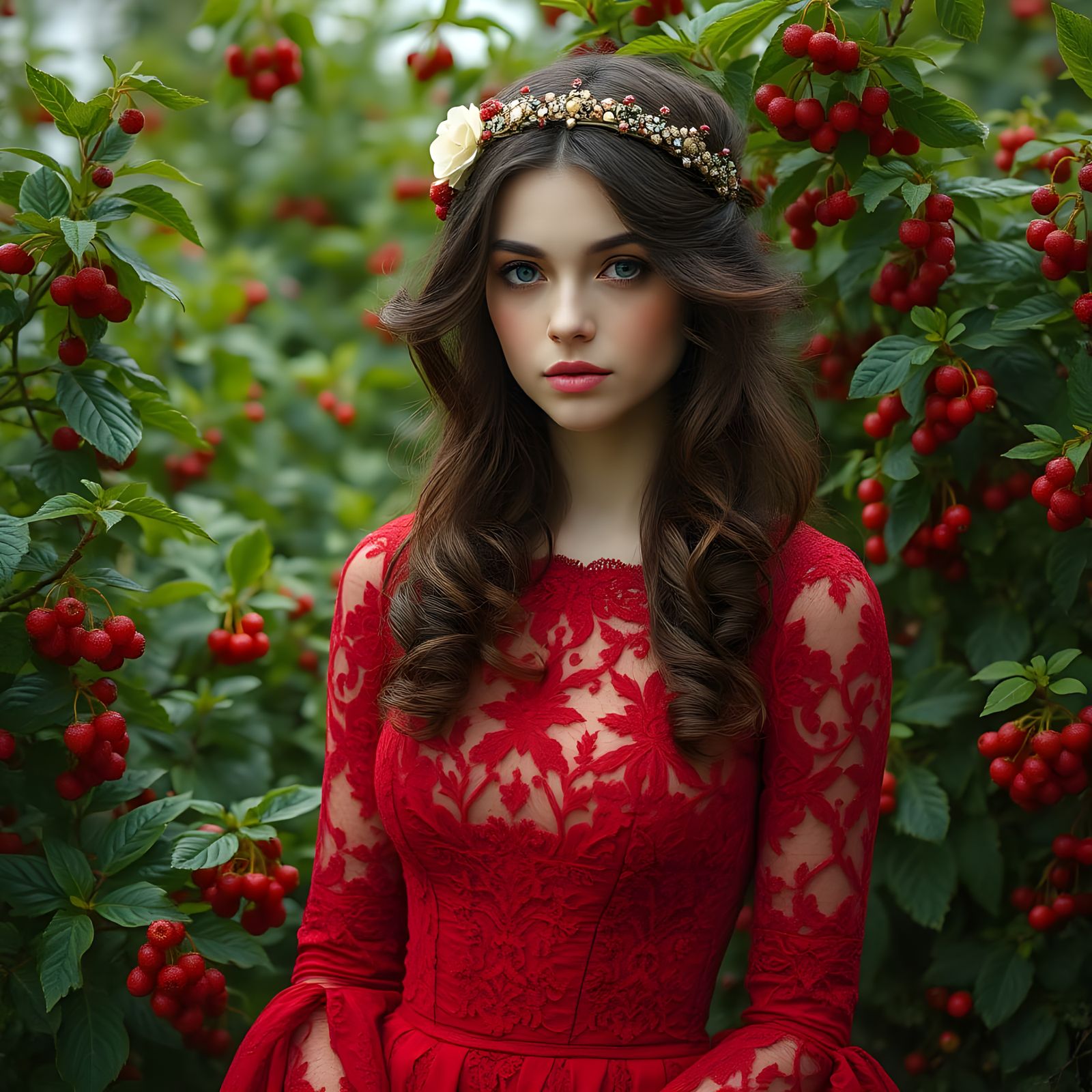 Woman with Floral Headpiece in Green Foliage