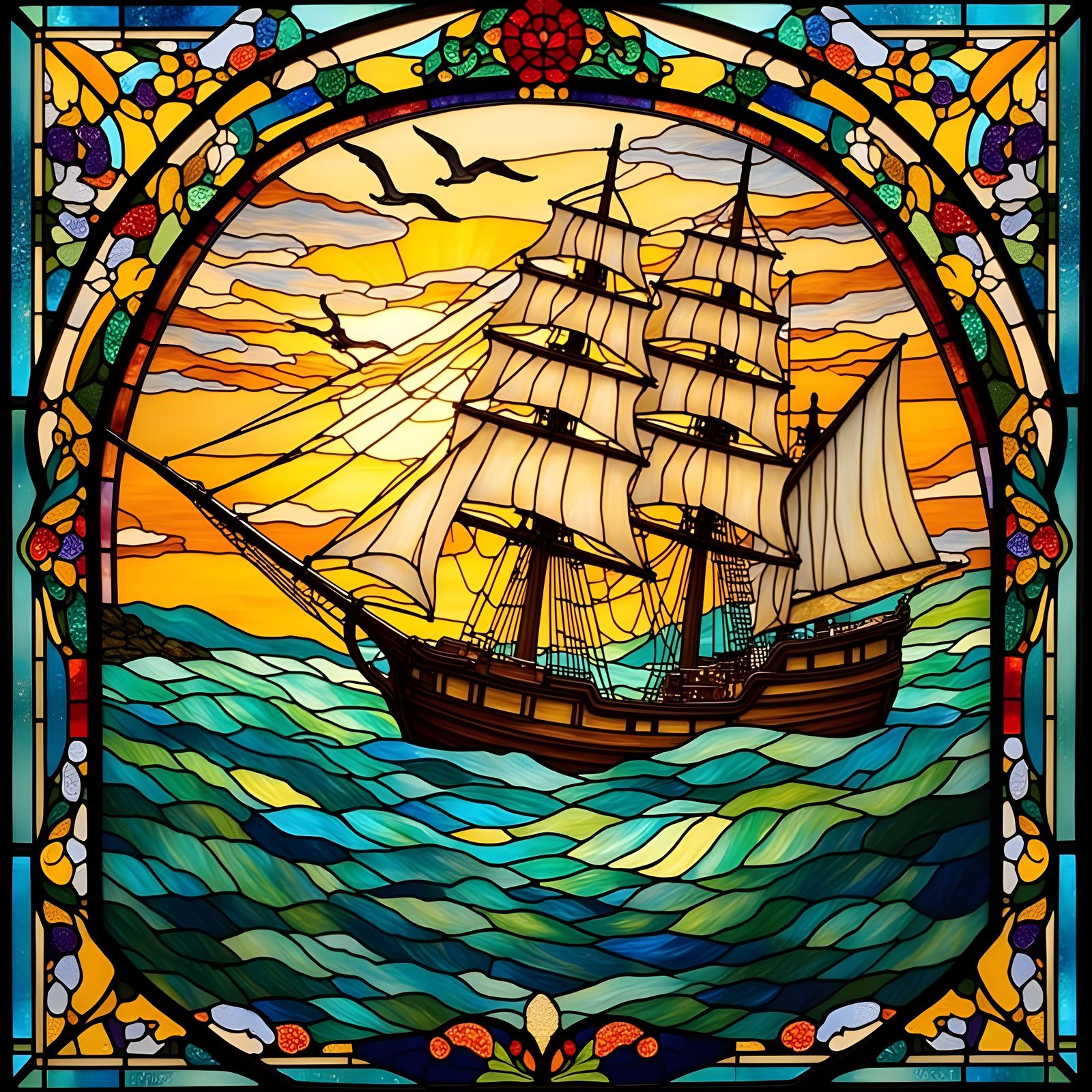 Stunning Stained Glass Ship in a Kaleidoscopic Sunset