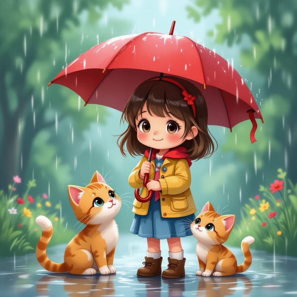 Cute Children's Book Style Art of Girl with Cats in Rain