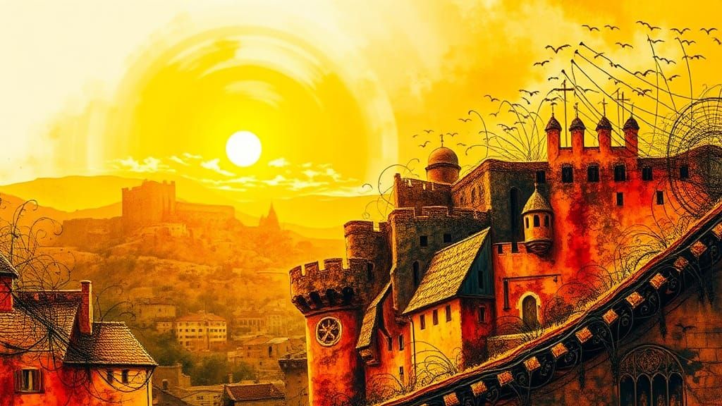 Golden Hour Cityscape with Abstract Impasto Elements