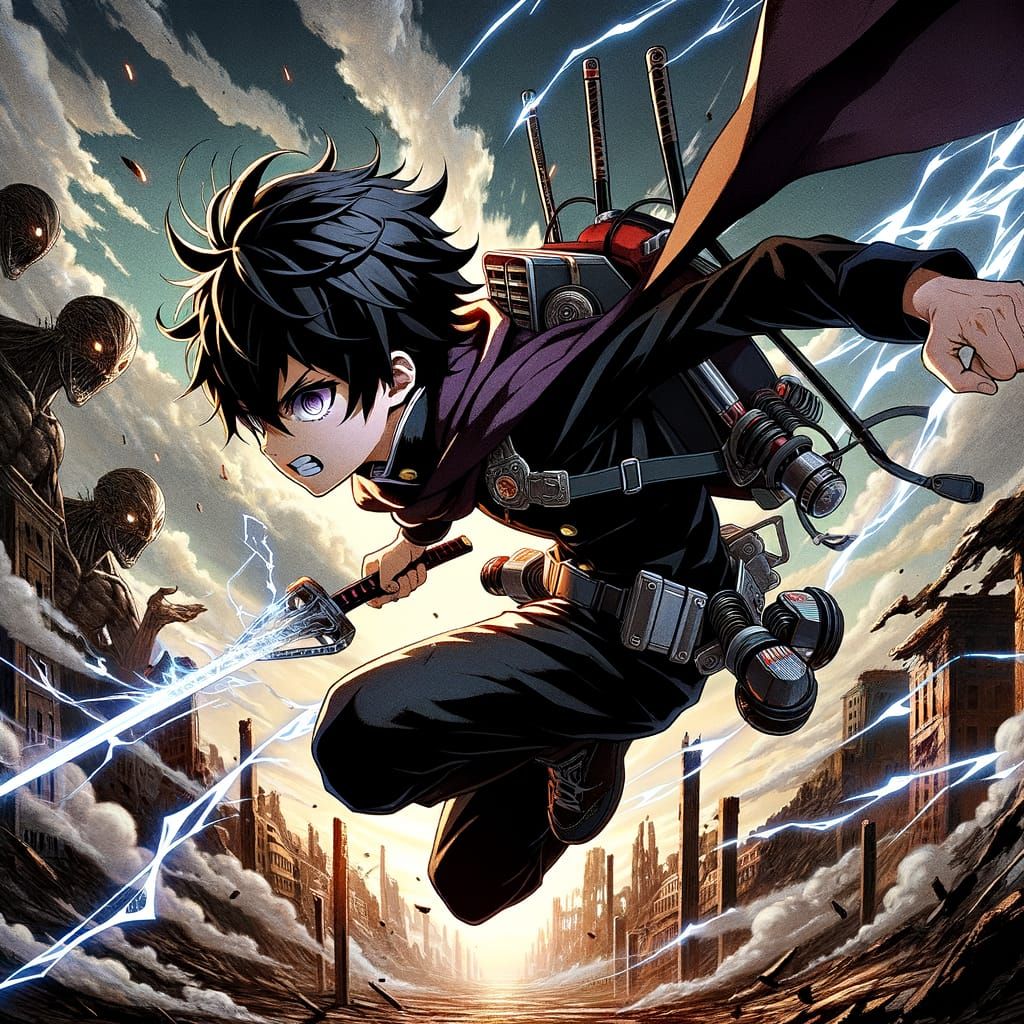 Anime-Style Warrior Leaps Through a Burning Cityscape