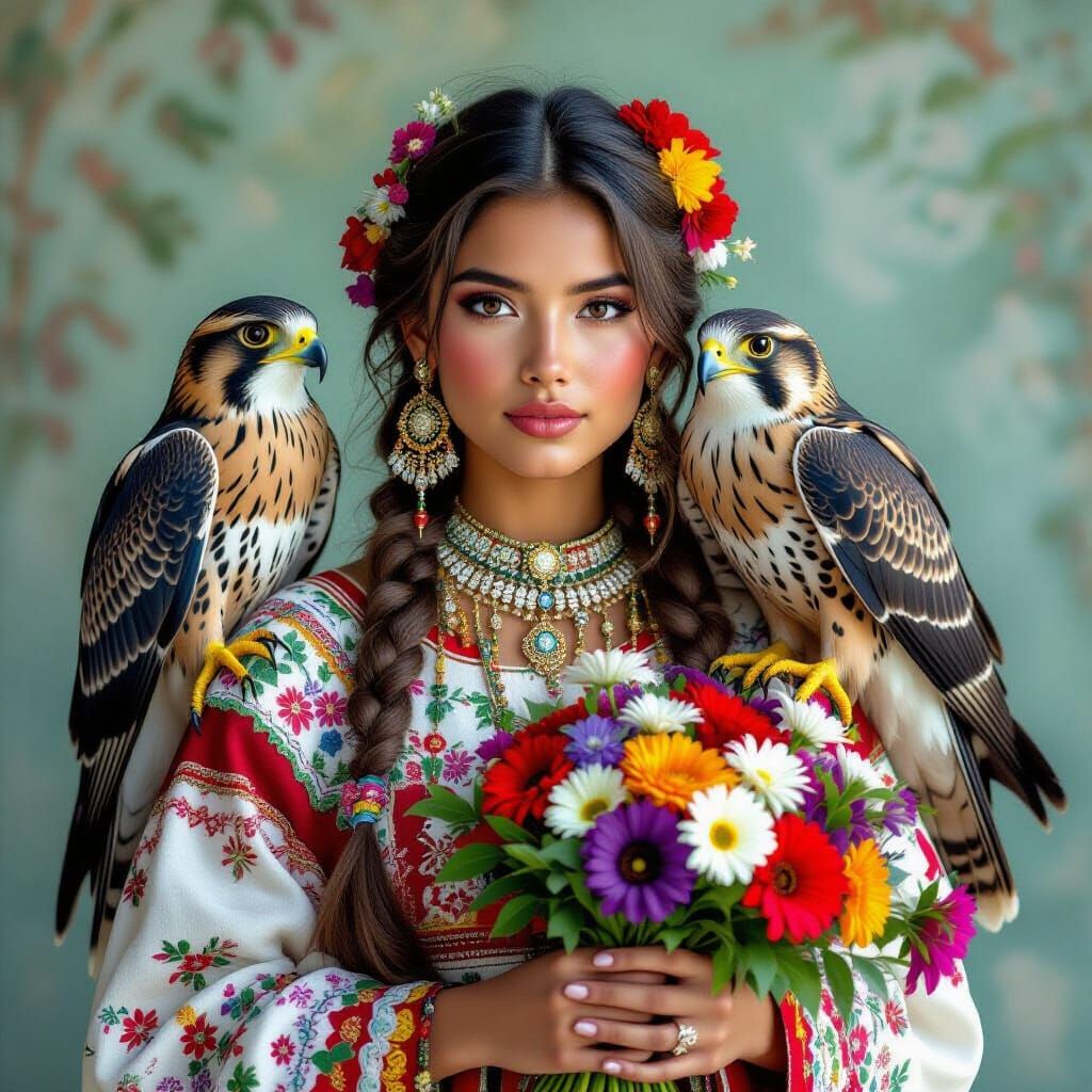 Andes Woman with Falcon in Hyperrealistic Portrait