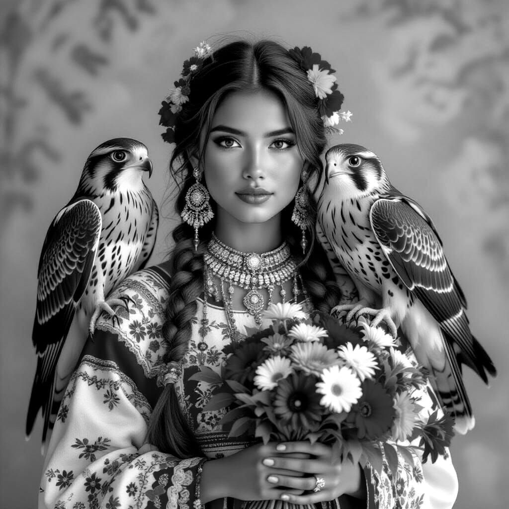 Andes Woman with Falcon and Flowers, Hyperrealistic Portrait